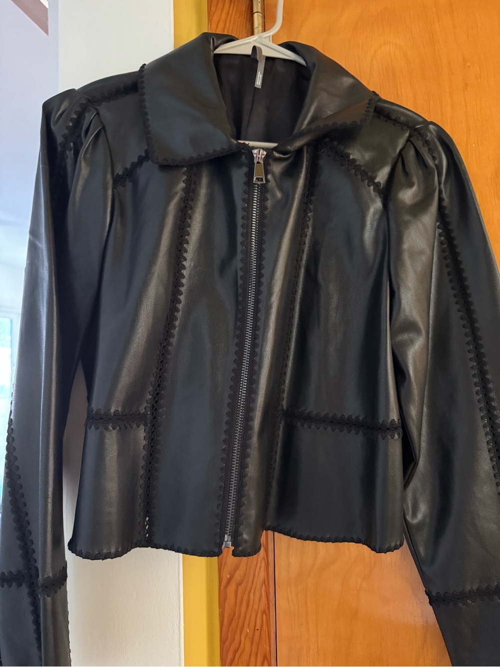 Anthropologie Black Faux Leather Zip-Front Jacket with Trim